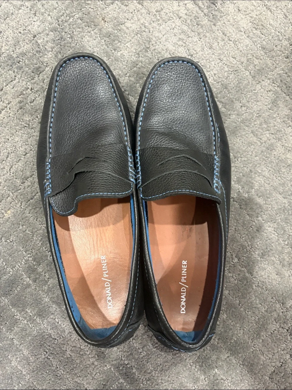 Donald J. Pliner Black Leather Penny Loafers with Blue Stitching